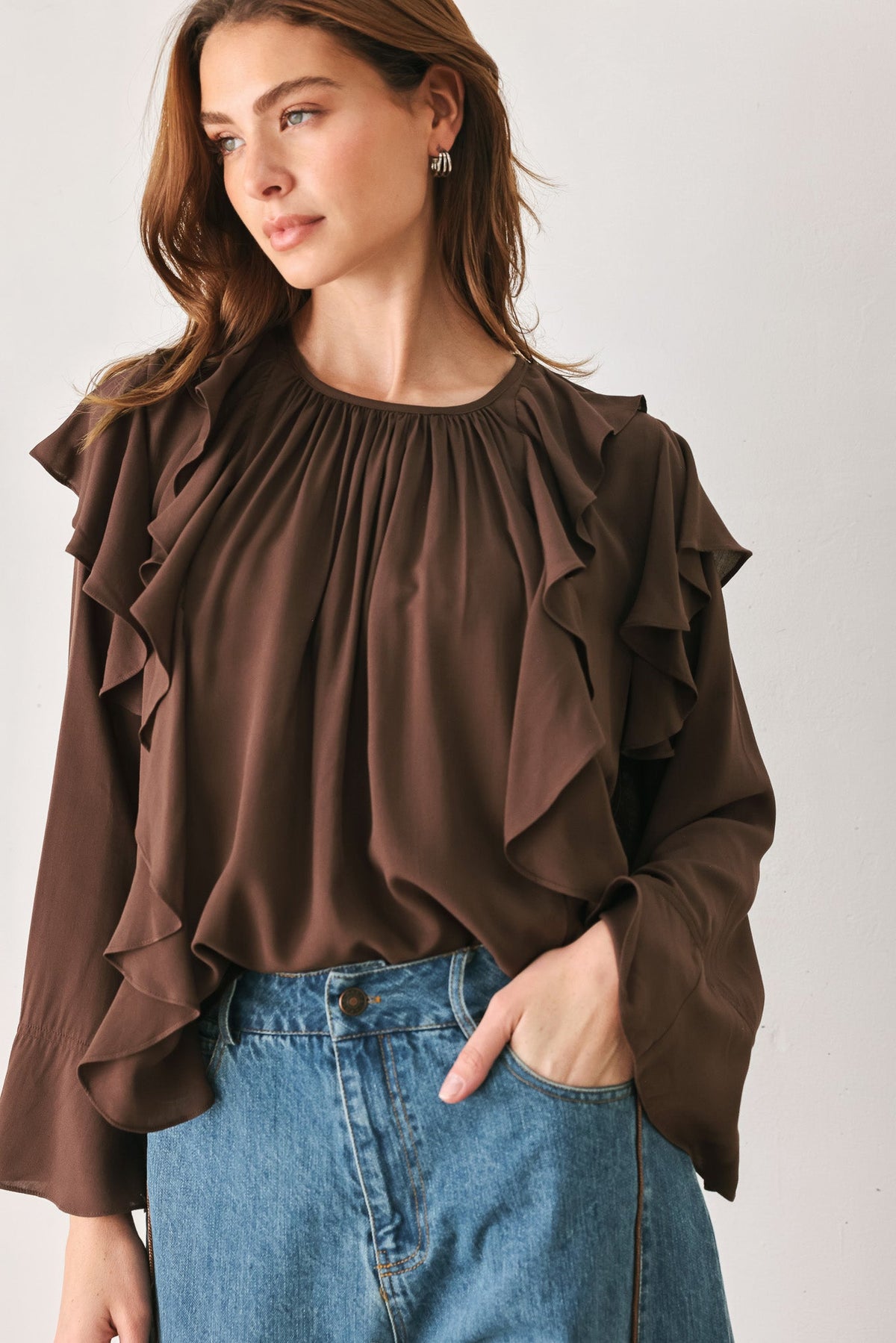 COCOA CASCADE BROWN TIERED-RUFFLE BLOUSE - Flying Tomato - Flyclothing LLC