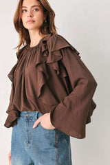 COCOA CASCADE BROWN TIERED-RUFFLE BLOUSE - Flying Tomato - Flyclothing LLC