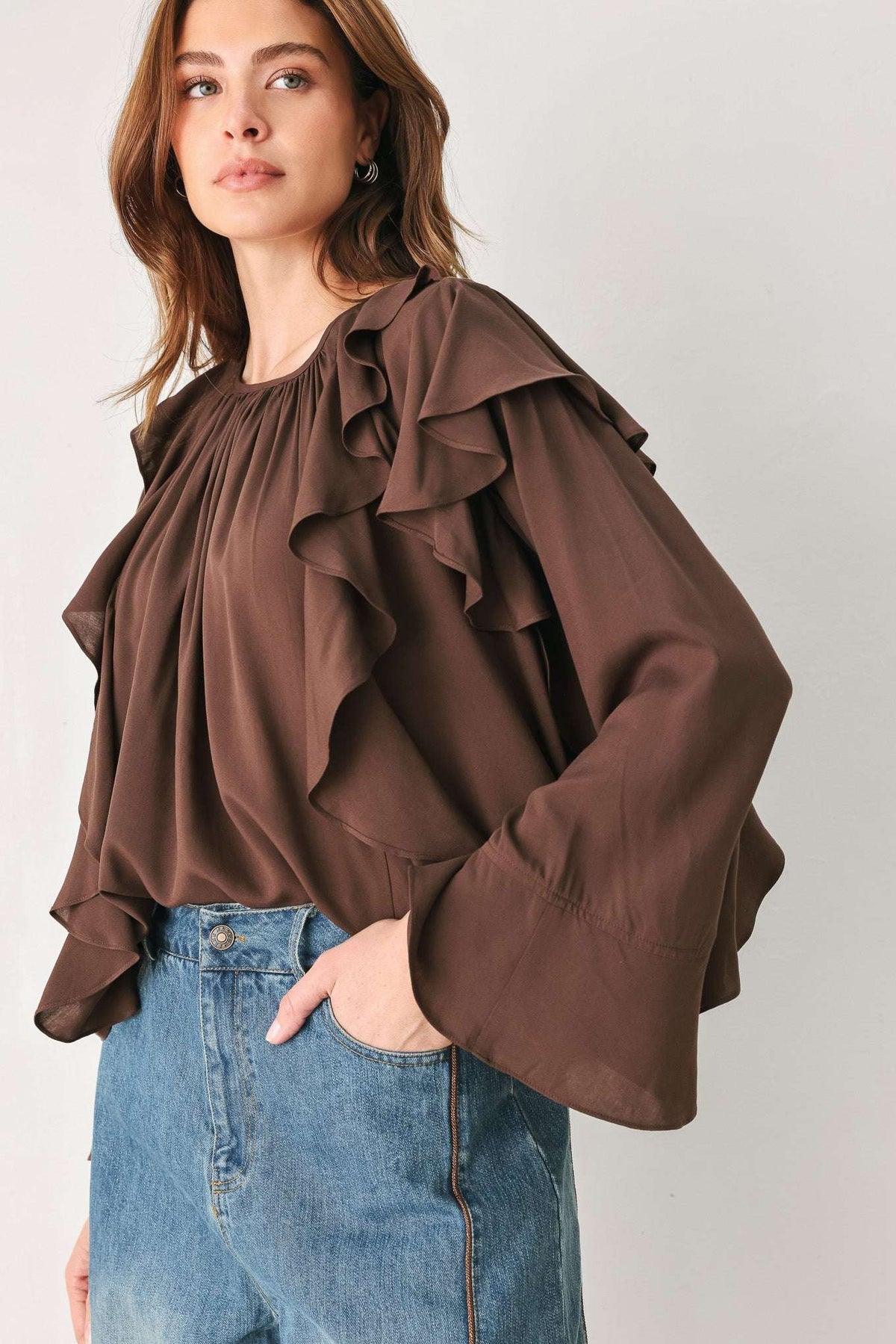 COCOA CASCADE BROWN TIERED-RUFFLE BLOUSE - Flying Tomato - Flyclothing LLC