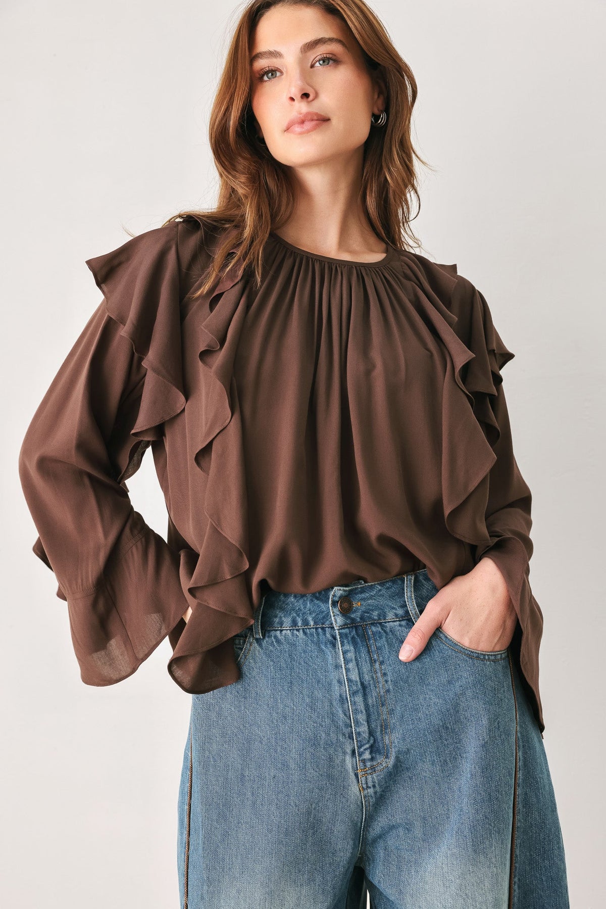 COCOA CASCADE BROWN TIERED-RUFFLE BLOUSE - Flying Tomato - Flyclothing LLC