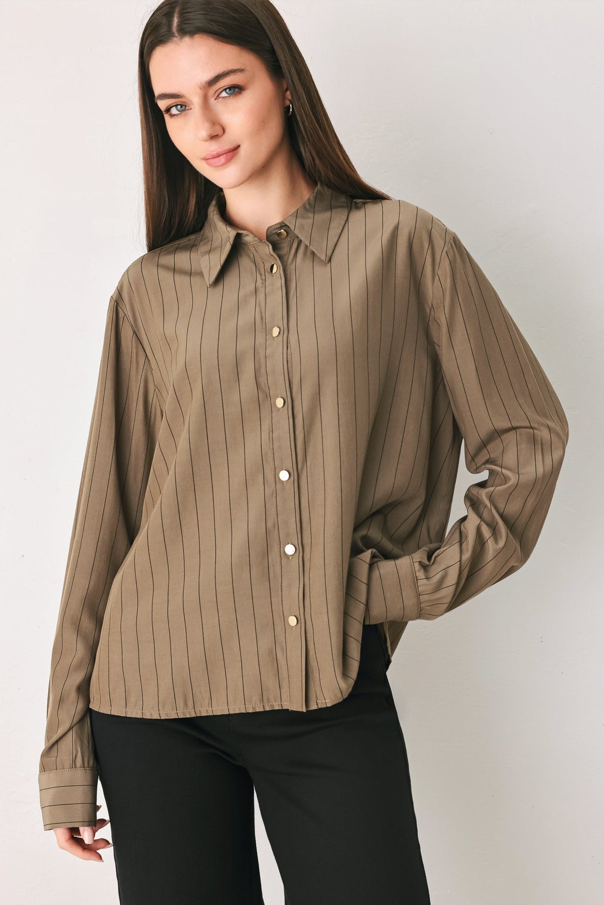STRIPED DRAMA BROWN& BLACK BUTTON-DOWN TOP - Flying Tomato - Flyclothing LLC