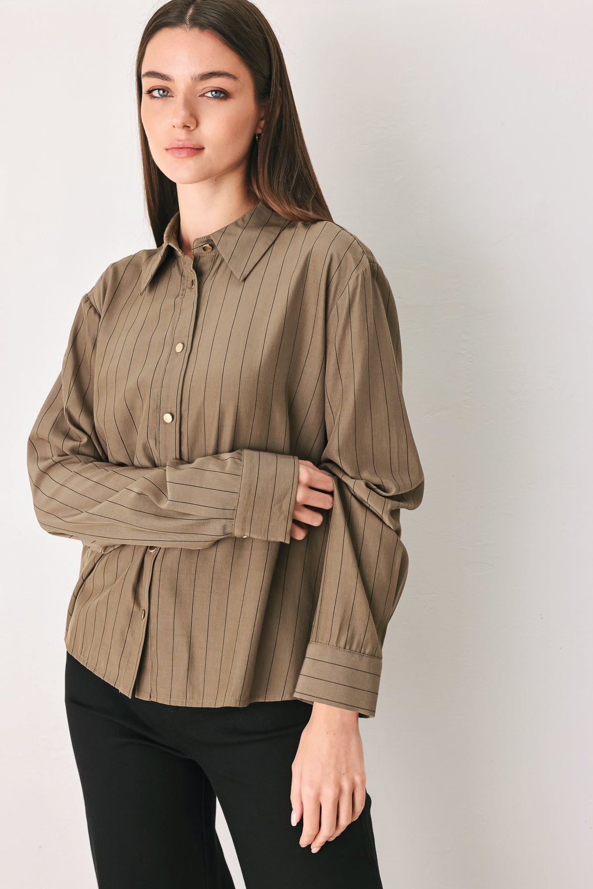 STRIPED DRAMA BROWN& BLACK BUTTON-DOWN TOP - Flying Tomato - Flyclothing LLC