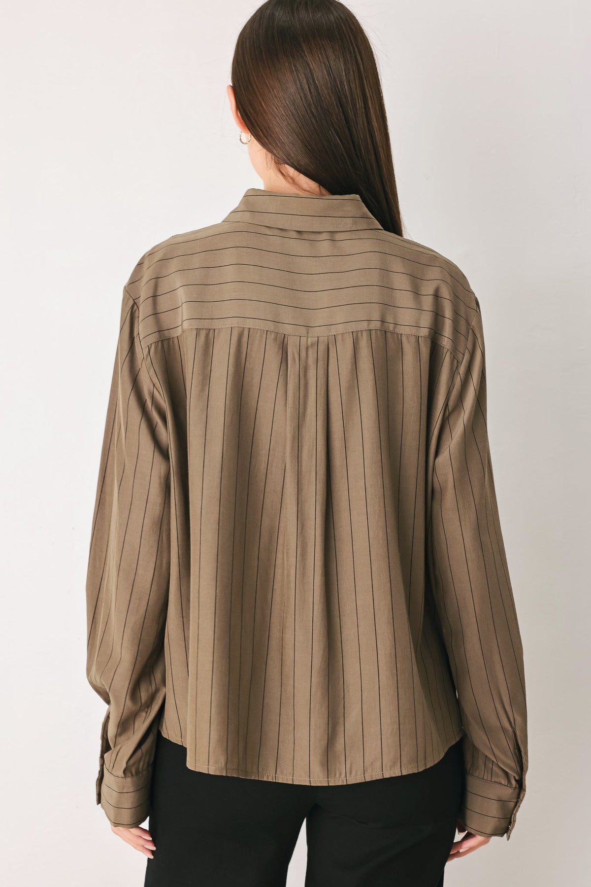 STRIPED DRAMA BROWN& BLACK BUTTON-DOWN TOP - Flying Tomato - Flyclothing LLC