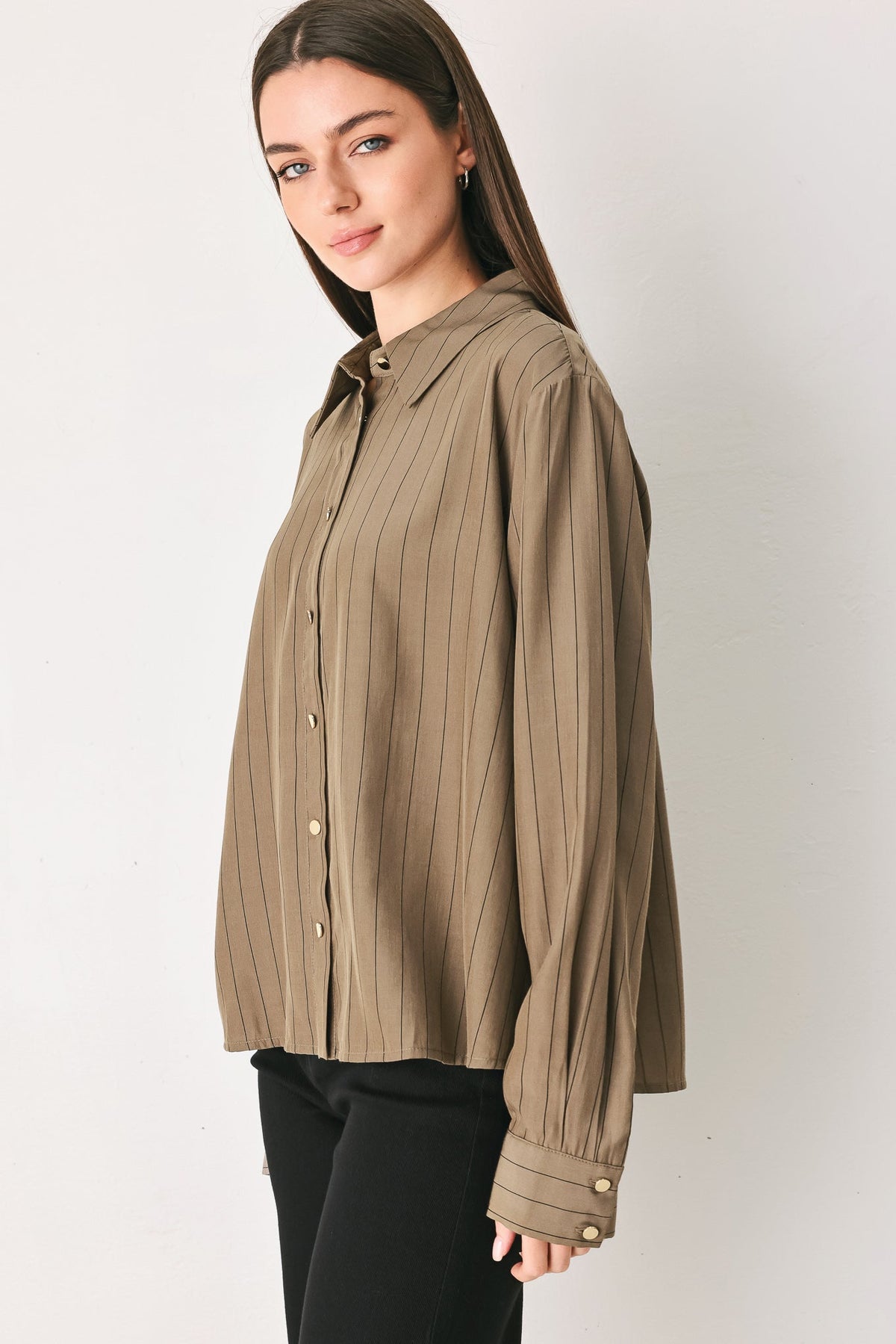 STRIPED DRAMA BROWN& BLACK BUTTON-DOWN TOP - Flying Tomato - Flyclothing LLC