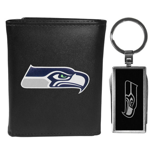 Seattle Seahawks Tri-fold Wallet & Multitool Key Chain, Black - Seattle Seahawks