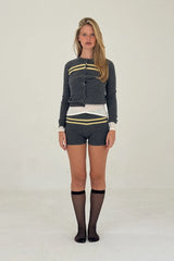 Cashmere Wool Stripe Cardigan in Charcoal/Butter