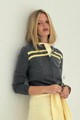 Cashmere Wool Stripe Cardigan in Charcoal/Butter