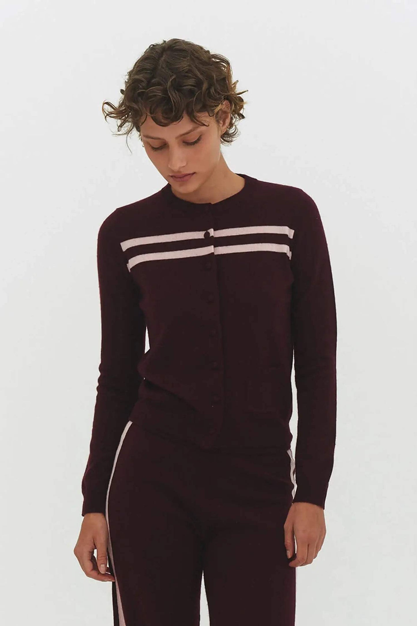 CASHMERE WOOL STRIPE CARDIGAN IN RASPBERRY CREAM - findmenowthelabel - Flyclothing LLC
