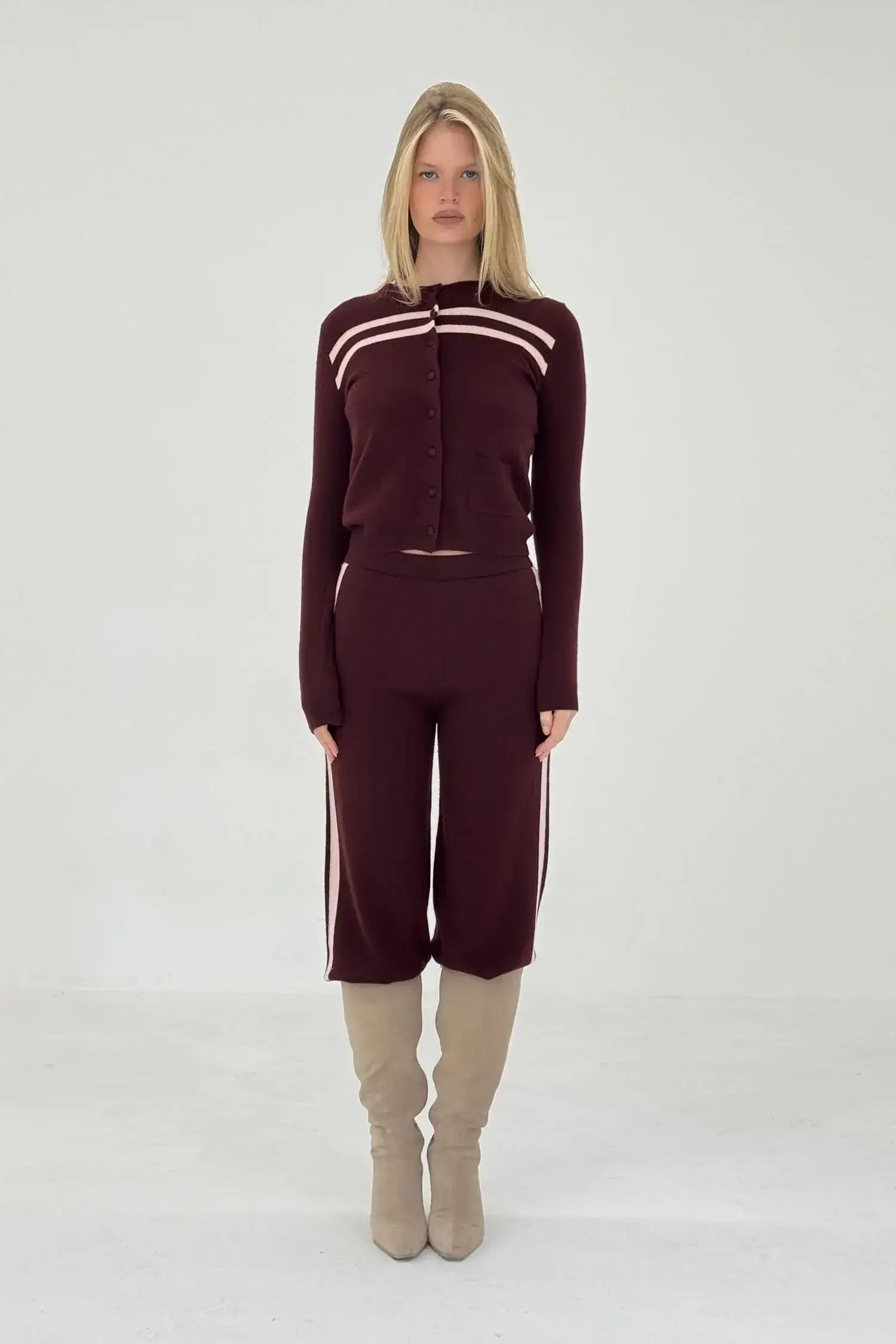 CASHMERE WOOL STRIPE CARDIGAN IN RASPBERRY CREAM - findmenowthelabel - Flyclothing LLC