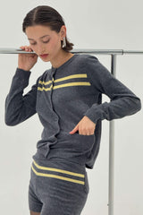 Cashmere Wool Stripe Cardigan in Charcoal/Butter