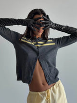 Cashmere Wool Stripe Cardigan in Charcoal/Butter