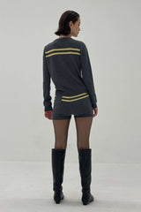 Cashmere Wool Stripe Cardigan in Charcoal/Butter