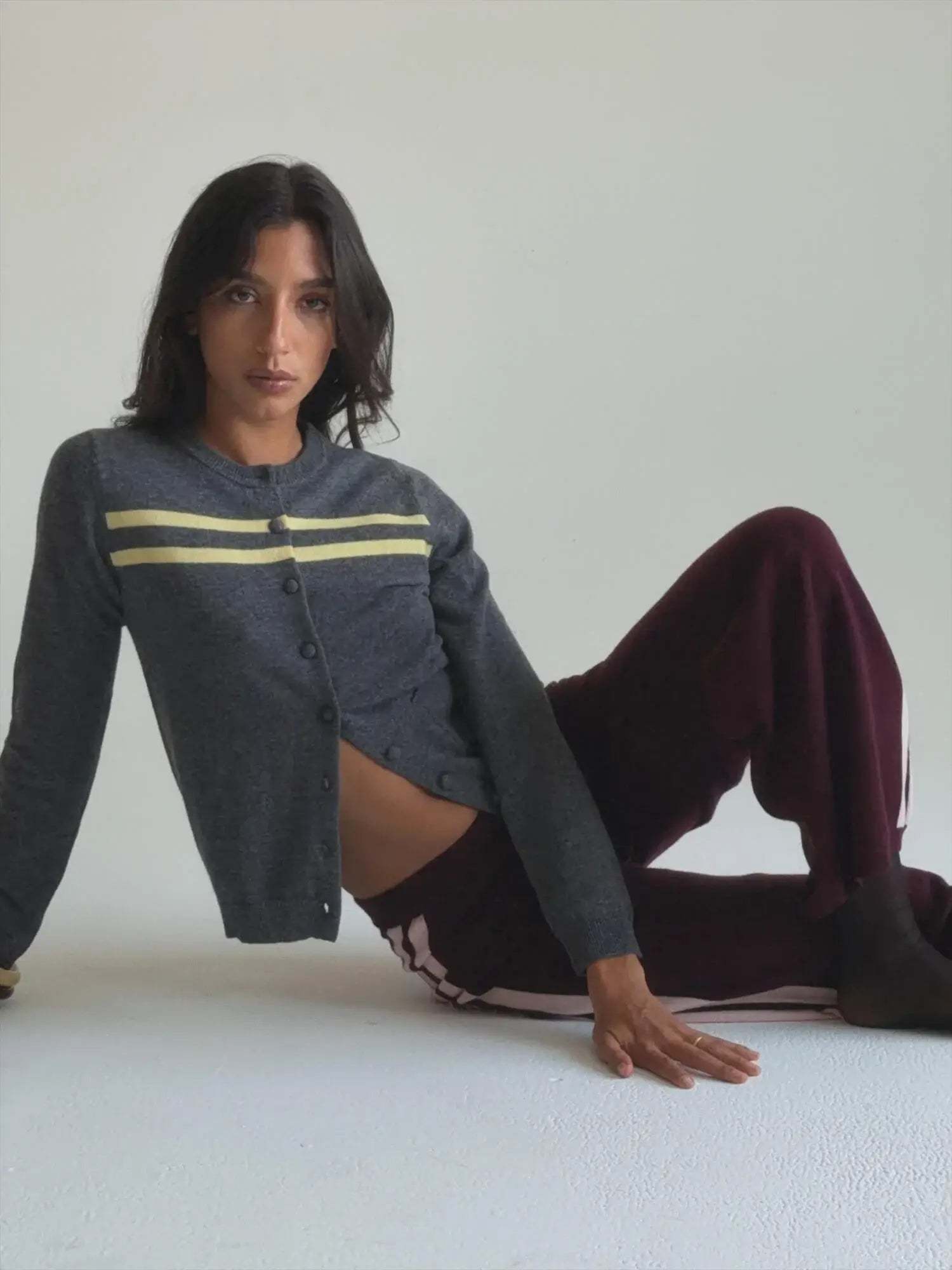 Cashmere Wool Stripe Cardigan in Charcoal/Butter