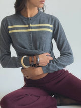 Cashmere Wool Stripe Cardigan in Charcoal/Butter