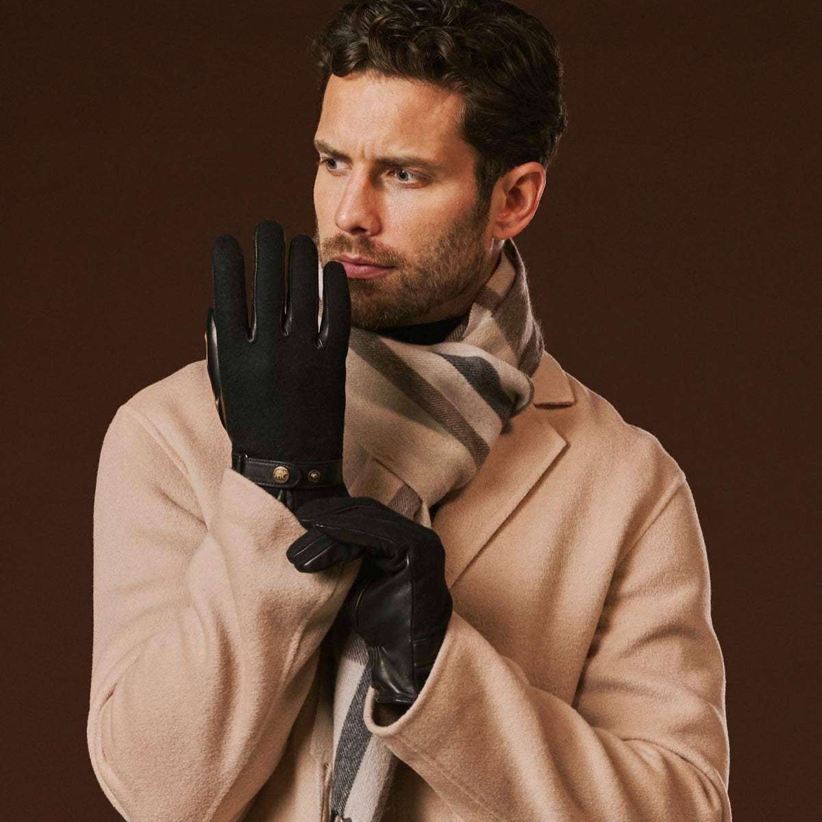 Fabrizio (black) – Tweed men's gloves with touchscreen capability and adjustable snap button - Leather Gloves Online - Flyclothing LLC