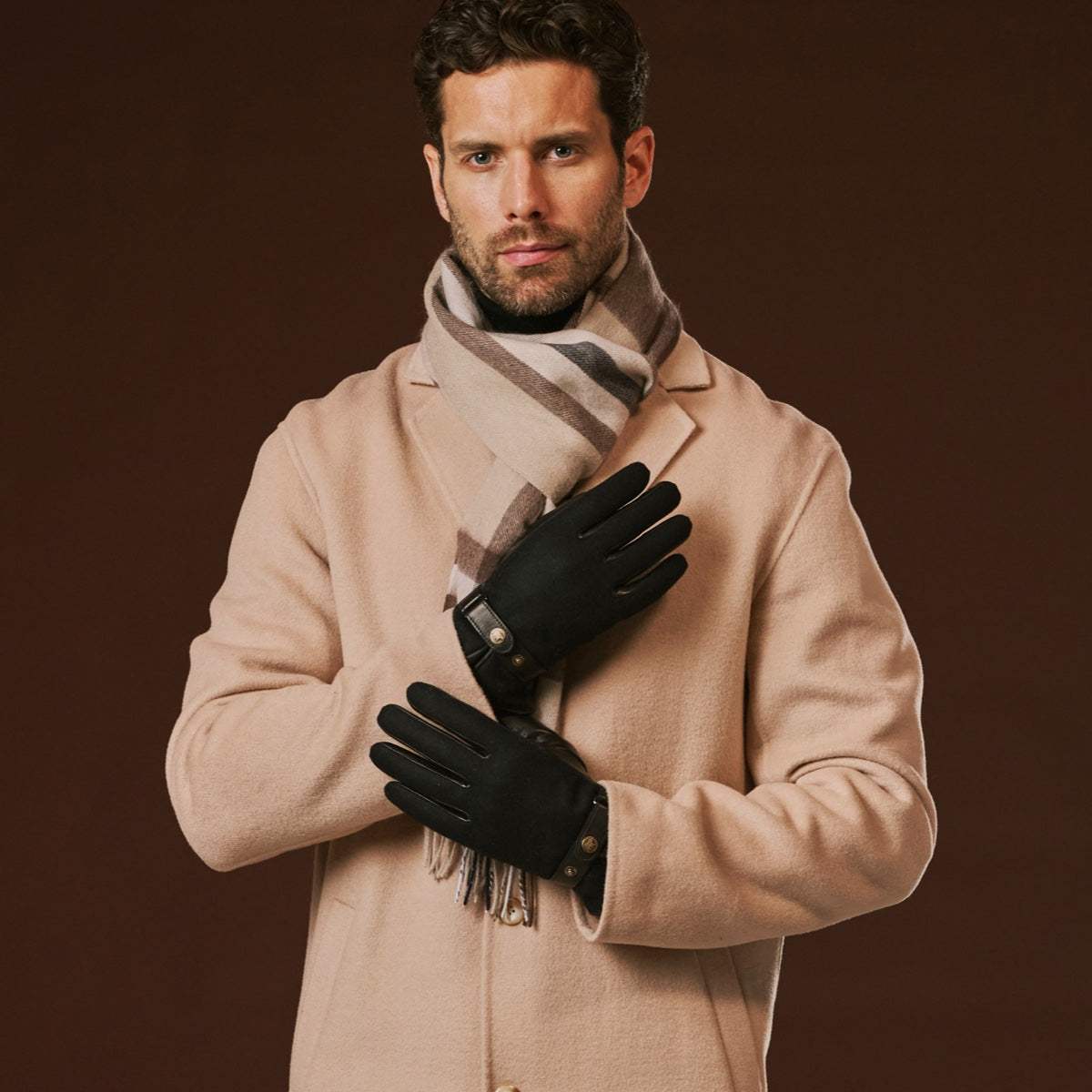 Fabrizio (black) – Tweed men's gloves with touchscreen capability and adjustable snap button - Leather Gloves Online - Flyclothing LLC