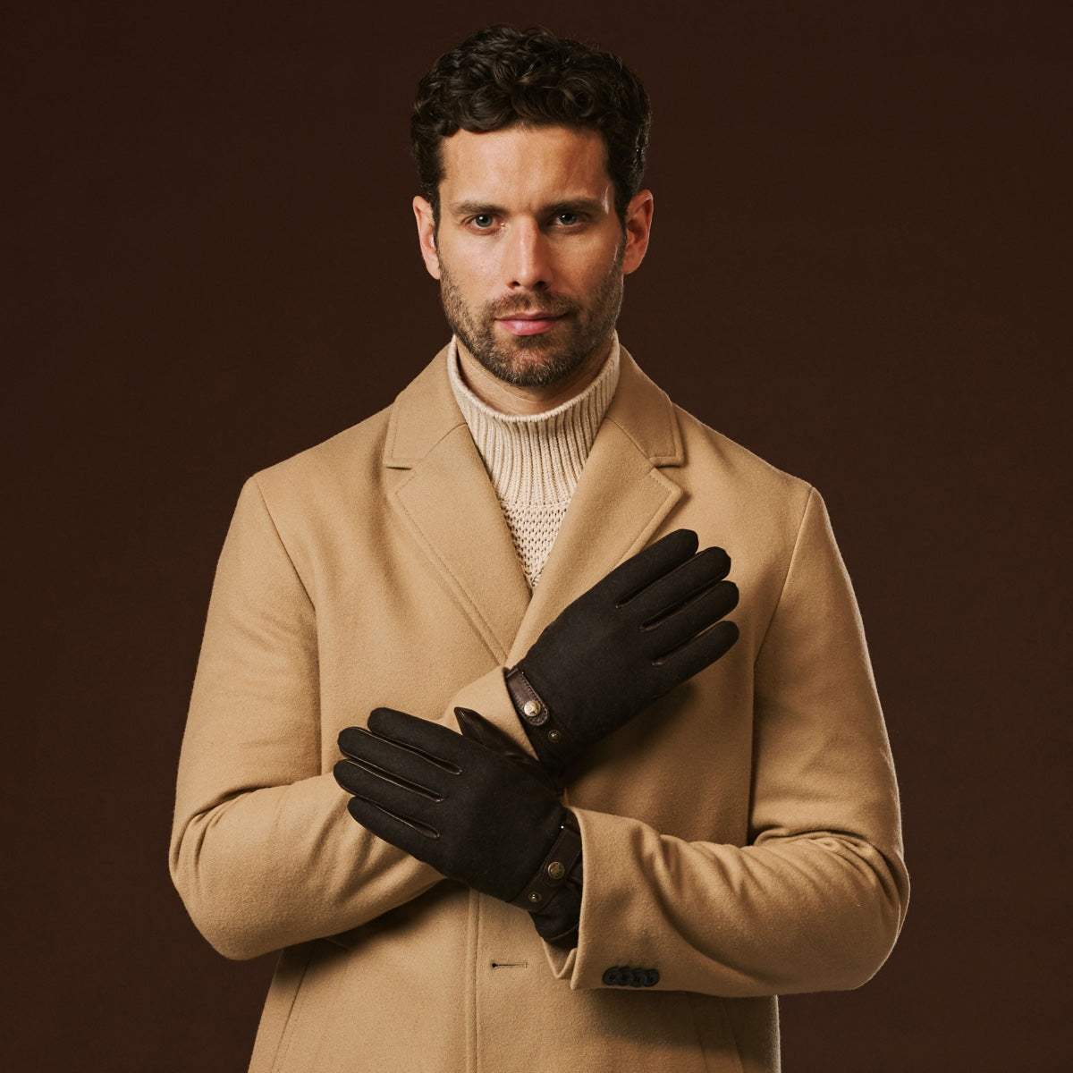 Fabrizio (dark brown) - Italian tweed men’s gloves with touchscreen capability and adjustable snap button