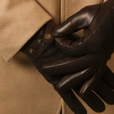 Fabrizio (dark brown) - Italian tweed men’s gloves with touchscreen capability and adjustable snap button