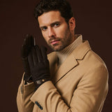 Fabrizio (dark brown) - Italian tweed men’s gloves with touchscreen capability and adjustable snap button