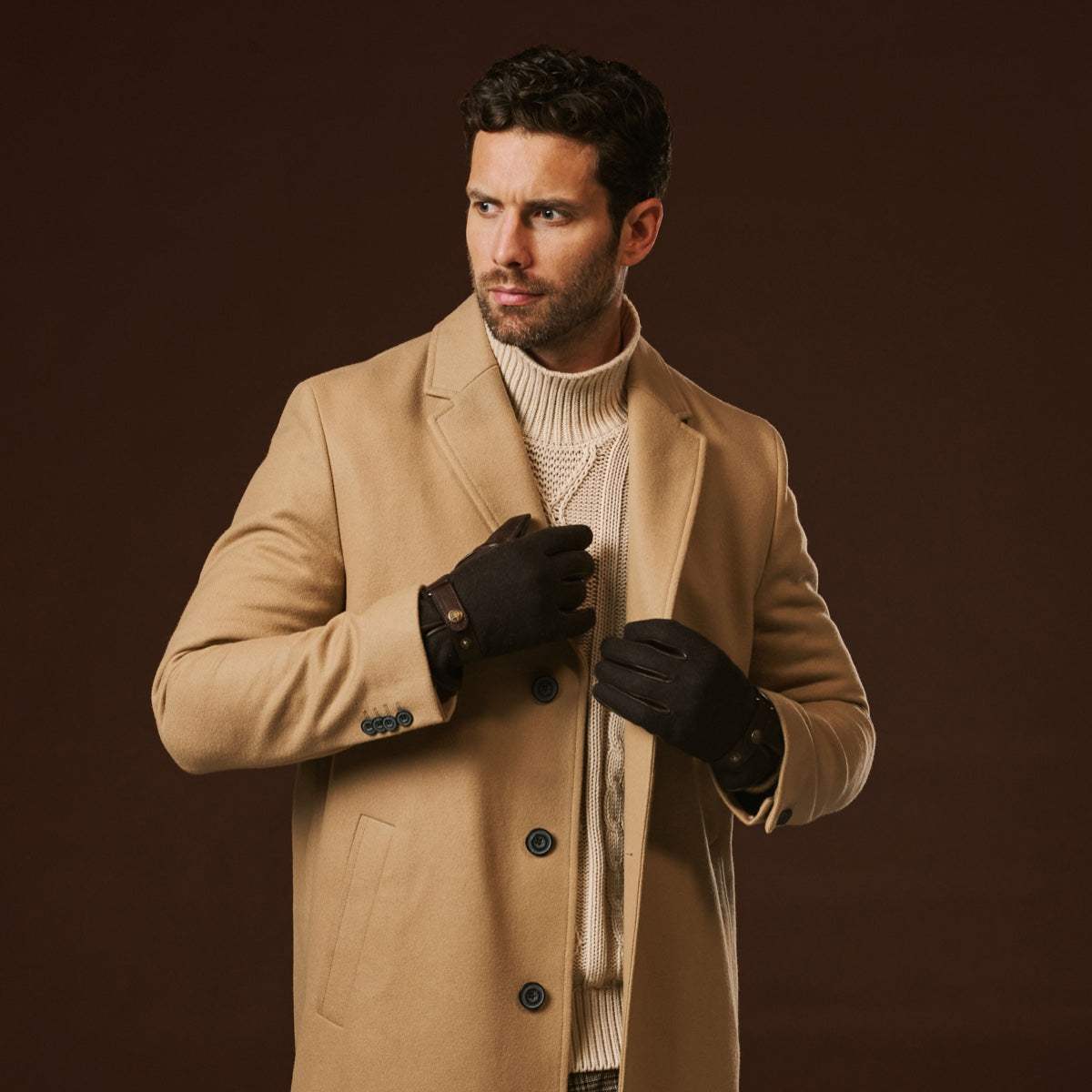 Fabrizio (dark brown) - Italian tweed men’s gloves with touchscreen capability and adjustable snap button
