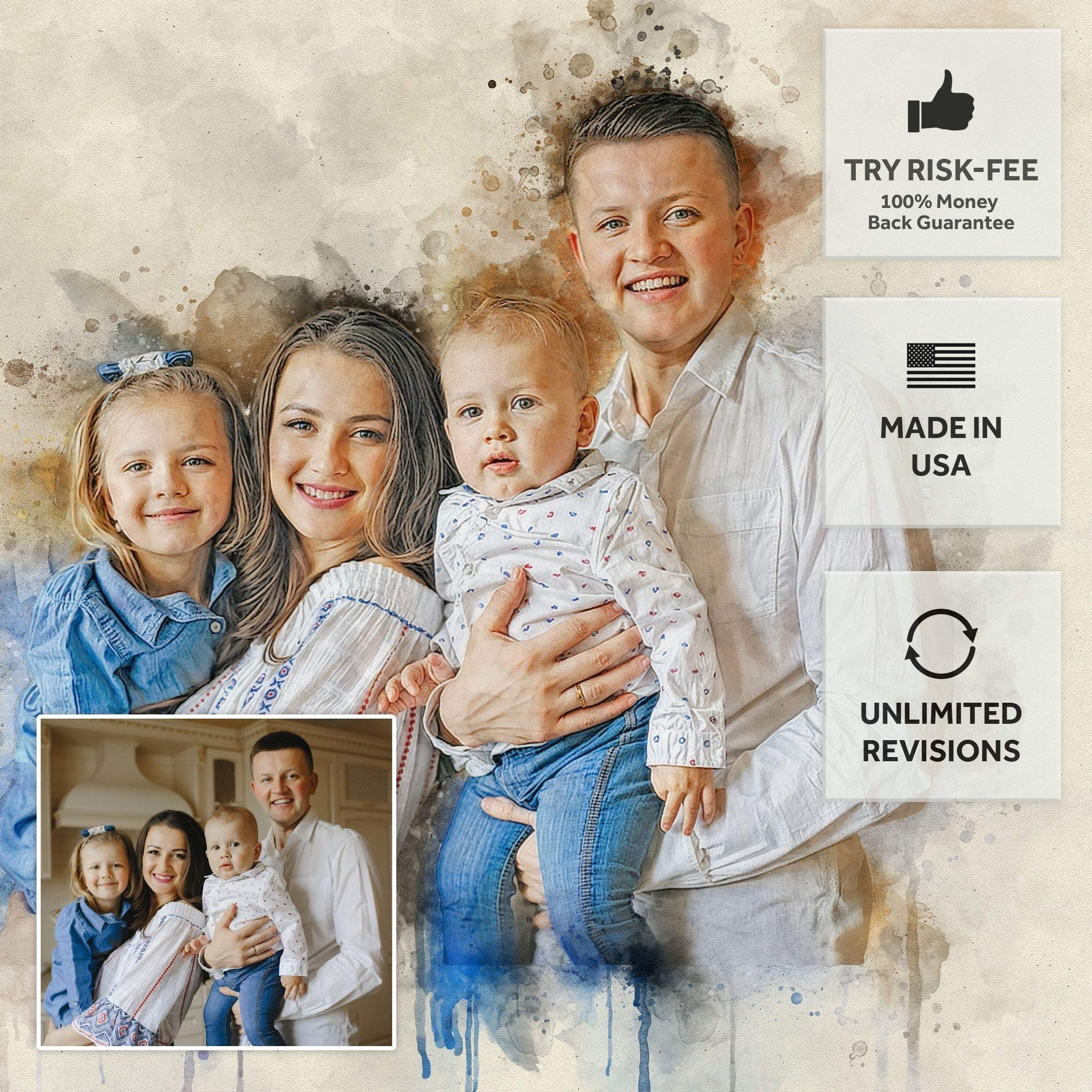 Family Watercolor Portrait Custom Wall Art - Tailored Canvases - Flyclothing LLC