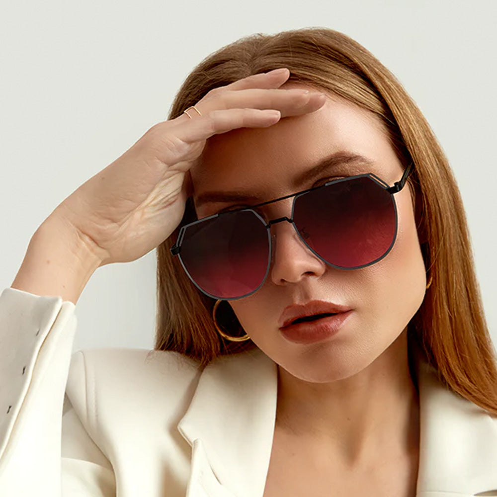 Farrah - Black Frame Ruby Lens Square Aviator Sunglasses - TopFoxx - Flyclothing LLC