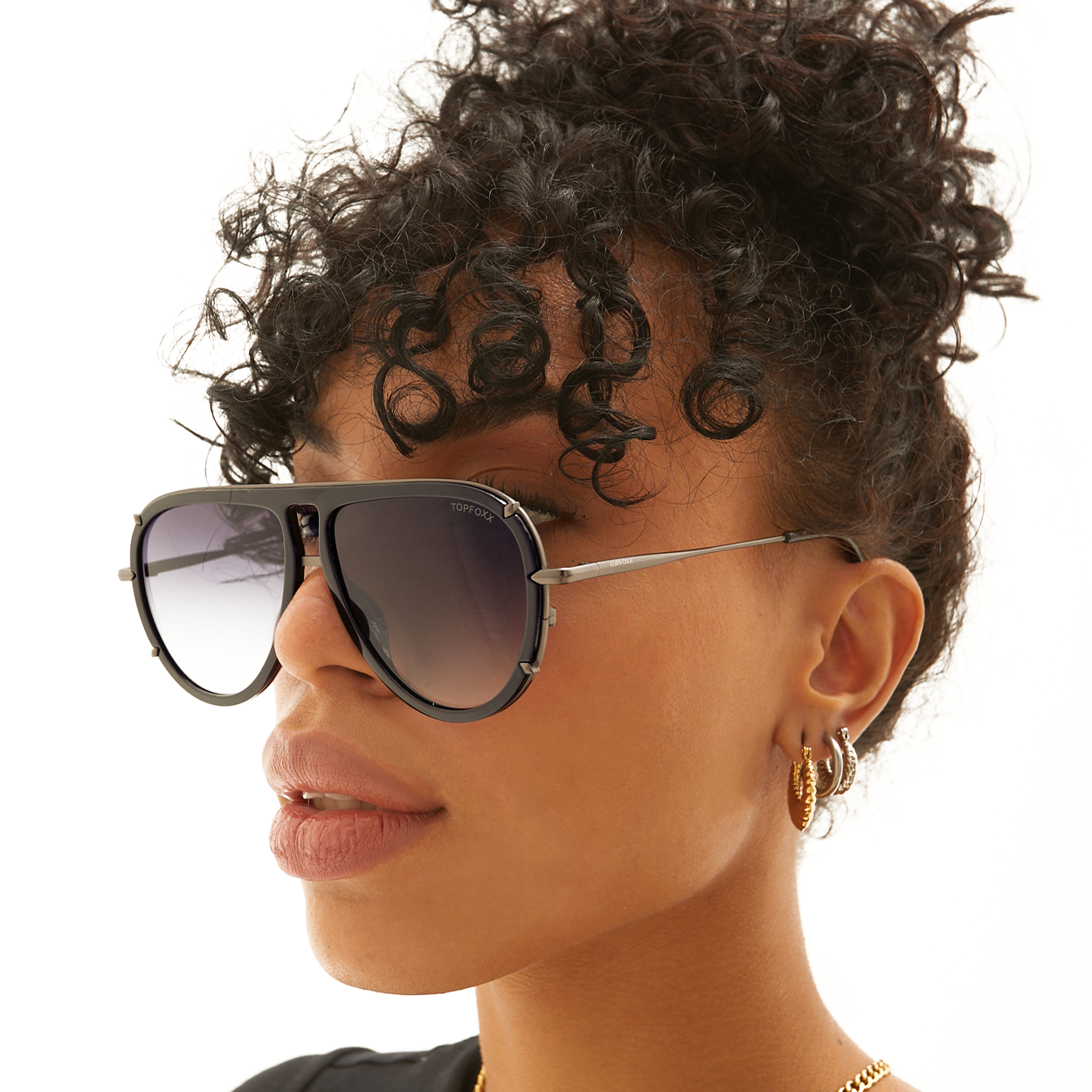Ivy Luxe - Black Tangle-Free Round Aviator Sunglasses - TopFoxx - Flyclothing LLC