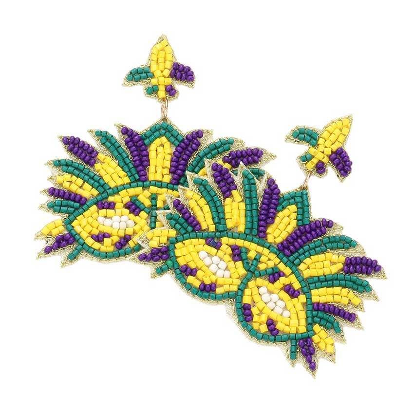 Felt Back Seed Beaded Mardi Gras Mask Dangle Earrings - Madeline Love - Flyclothing LLC