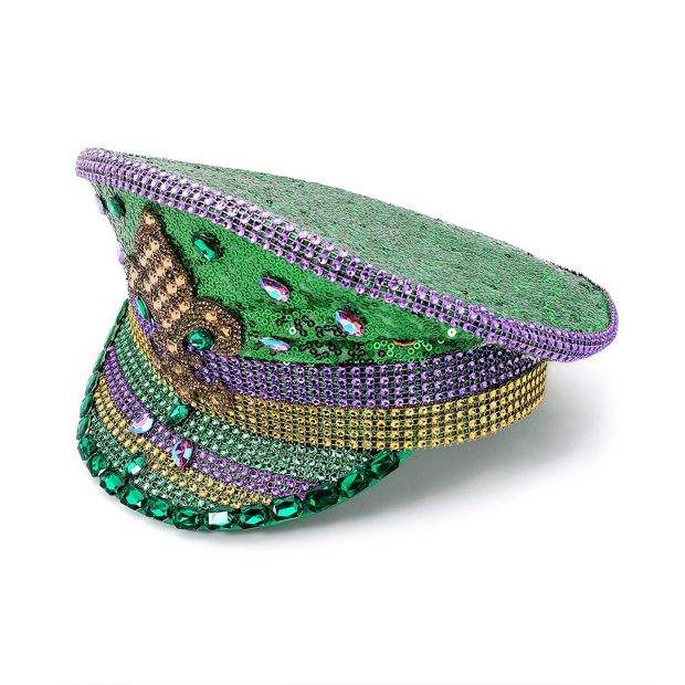 Fleur de Lis Stone Embellished Mardi Gras Sequin Captain Hat - Madeline Love - Flyclothing LLC