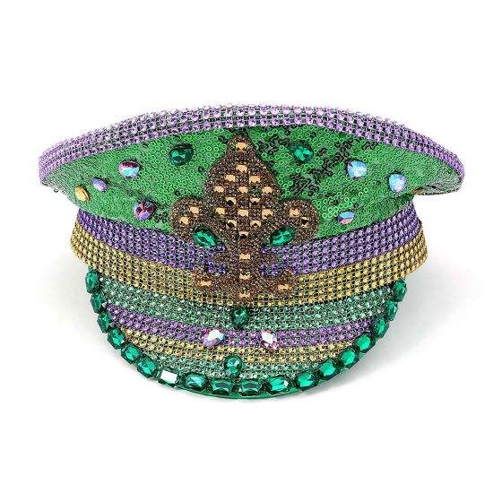 Fleur de Lis Stone Embellished Mardi Gras Sequin Captain Hat - Madeline Love - Flyclothing LLC