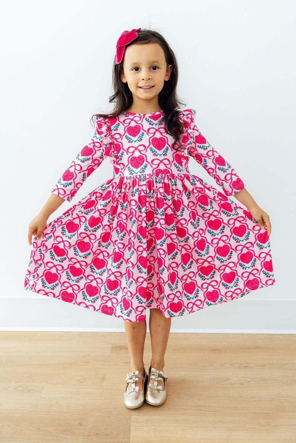 Fluttering Hearts 3/4 Sleeve Ruffle Twirl Dress - Mila & Rose ® - Flyclothing LLC