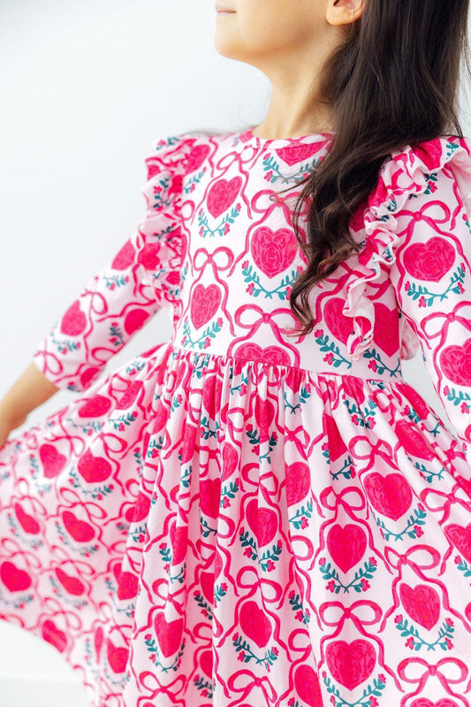 Fluttering Hearts 3/4 Sleeve Ruffle Twirl Dress