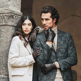 Francesca (brown) - Italian lambskin leather gloves with white rabbit fur lining