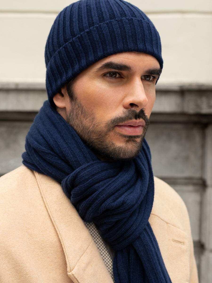 Milano (navy blue) - Italian 100% cashmere ribbed beanie (unisex) - Leather Gloves Online - Flyclothing LLC