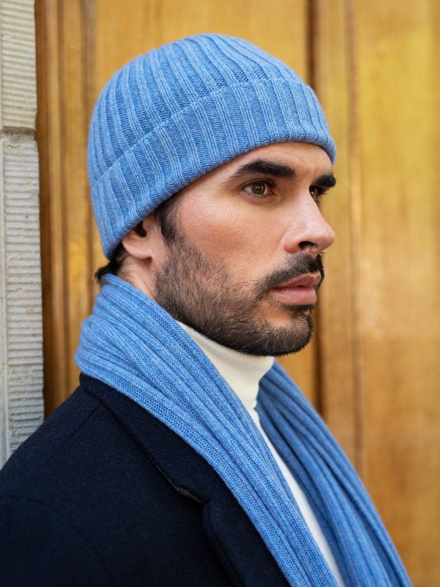 Napoli (light blue) - Italian 100% cashmere ribbed scarf (unisex)