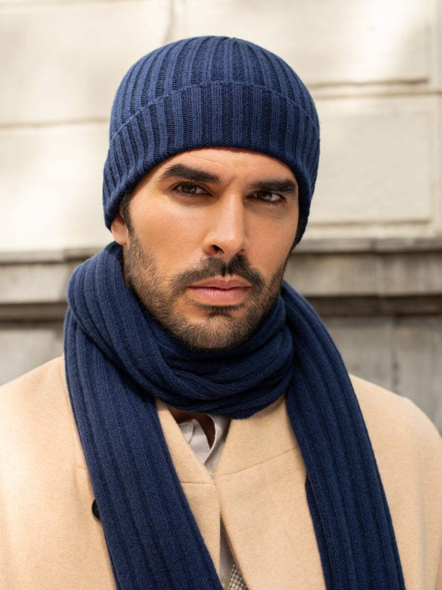 Napoli (navy blue) - Italian 100% cashmere ribbed scarf (unisex) - Leather Gloves Online - Flyclothing LLC