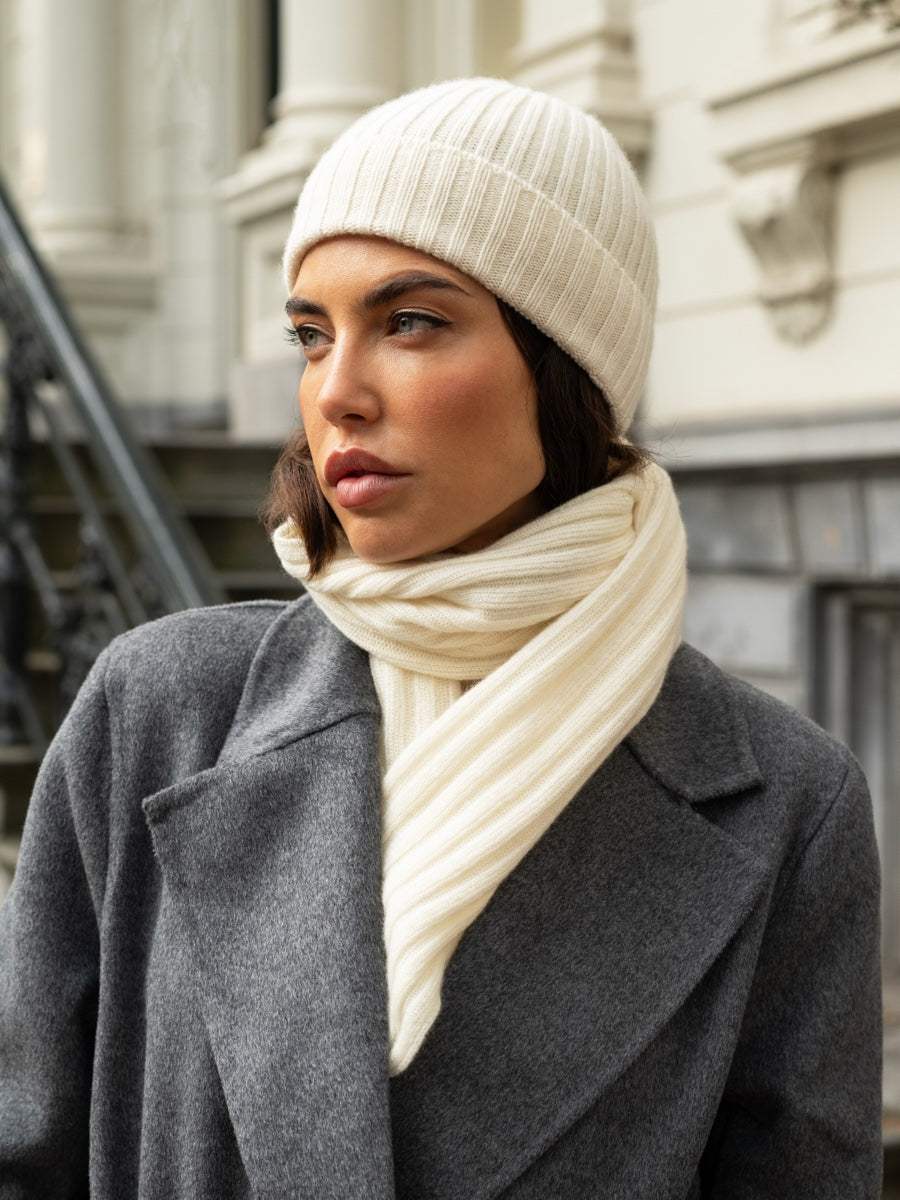 Milano (cream) - Italian 100% cashmere ribbed beanie (unisex)