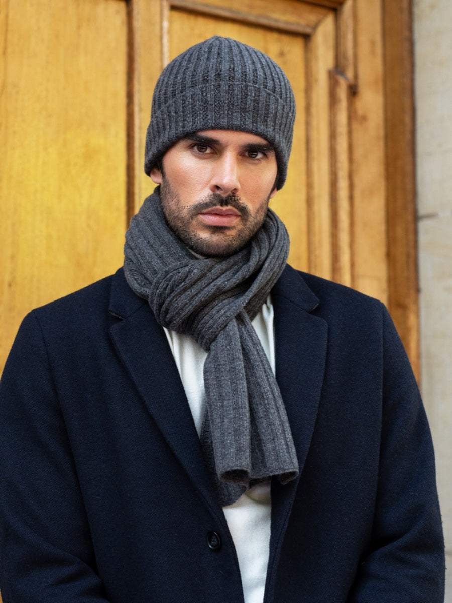 Milano (dark grey) - Italian 100% cashmere ribbed beanie (unisex)