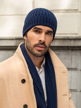 Milano (navy blue) - Italian 100% cashmere ribbed beanie (unisex) - Leather Gloves Online - Flyclothing LLC