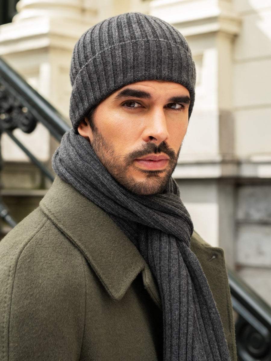 Milano (dark grey) - Italian 100% cashmere ribbed beanie (unisex)