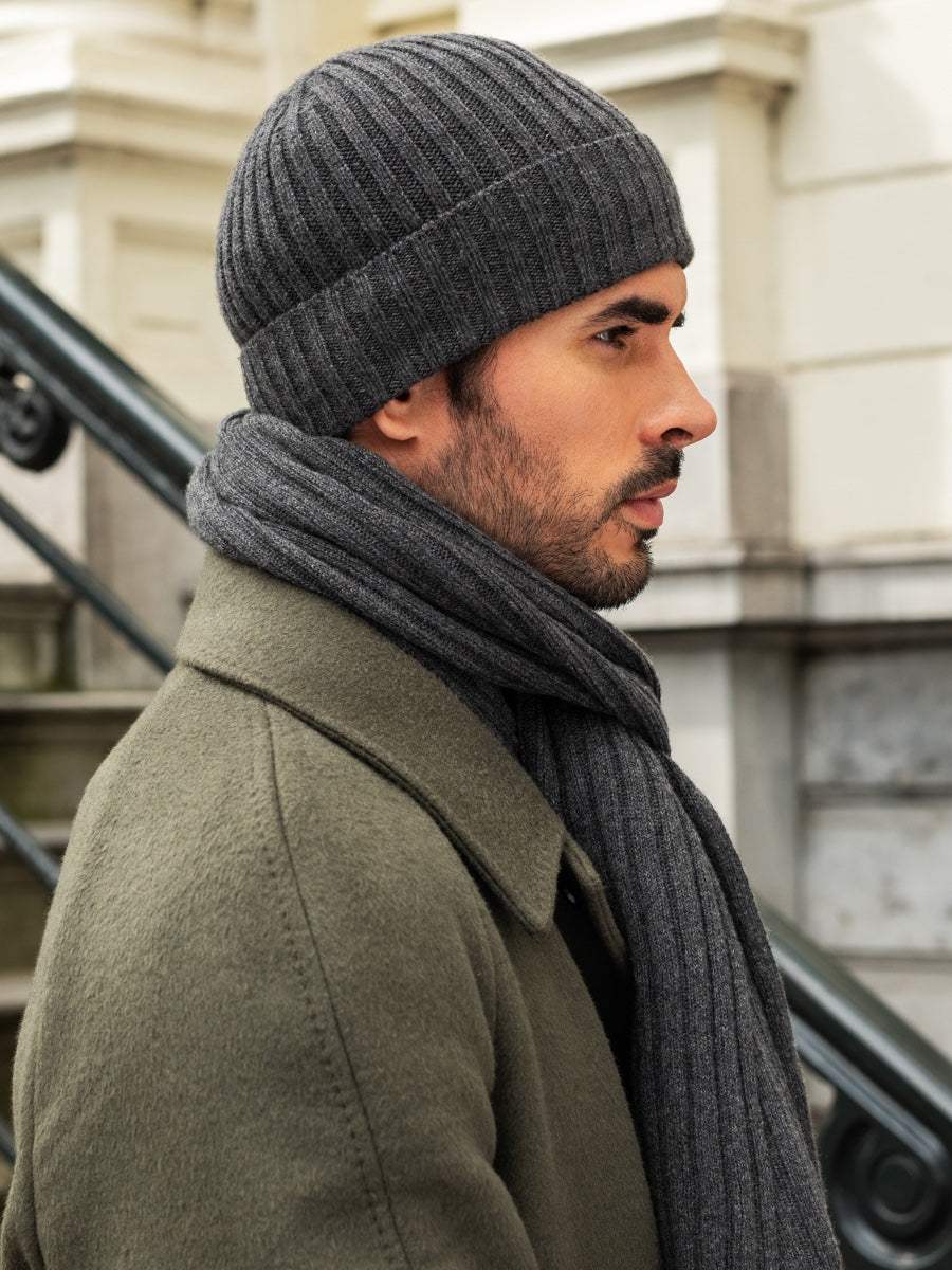 Milano (dark grey) - Italian 100% cashmere ribbed beanie (unisex)