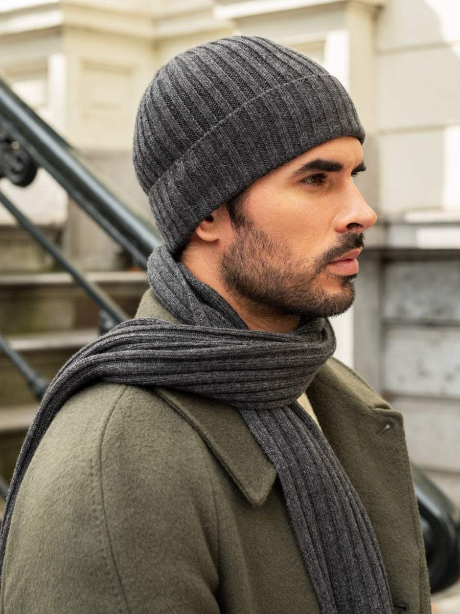 Milano (dark grey) - Italian 100% cashmere ribbed beanie (unisex)