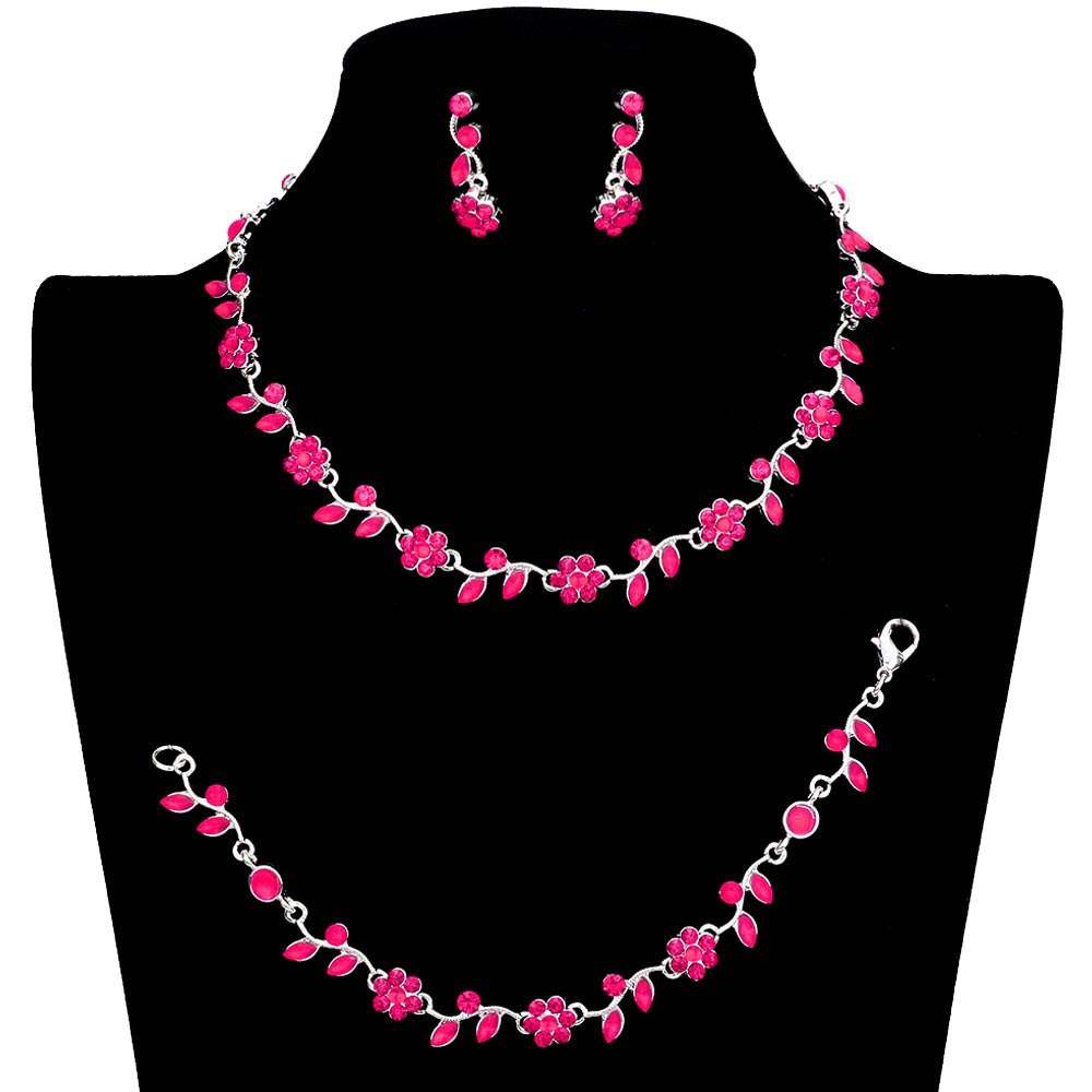 3PCS Flower Leaf Cluster Rhinestone Necklace Jewelry Set - Madeline Love - Flyclothing LLC