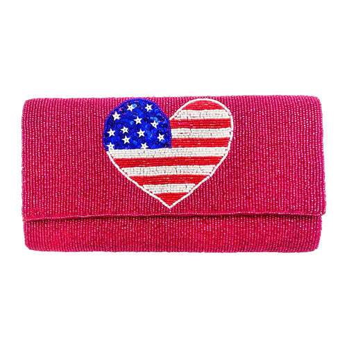 American USA Flag Heart Seed Beaded Clutch Crossbody Bag - Madeline Love - Flyclothing LLC
