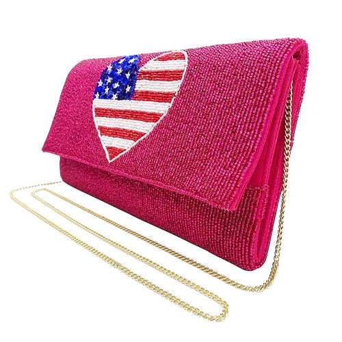 American USA Flag Heart Seed Beaded Clutch Crossbody Bag - Madeline Love - Flyclothing LLC