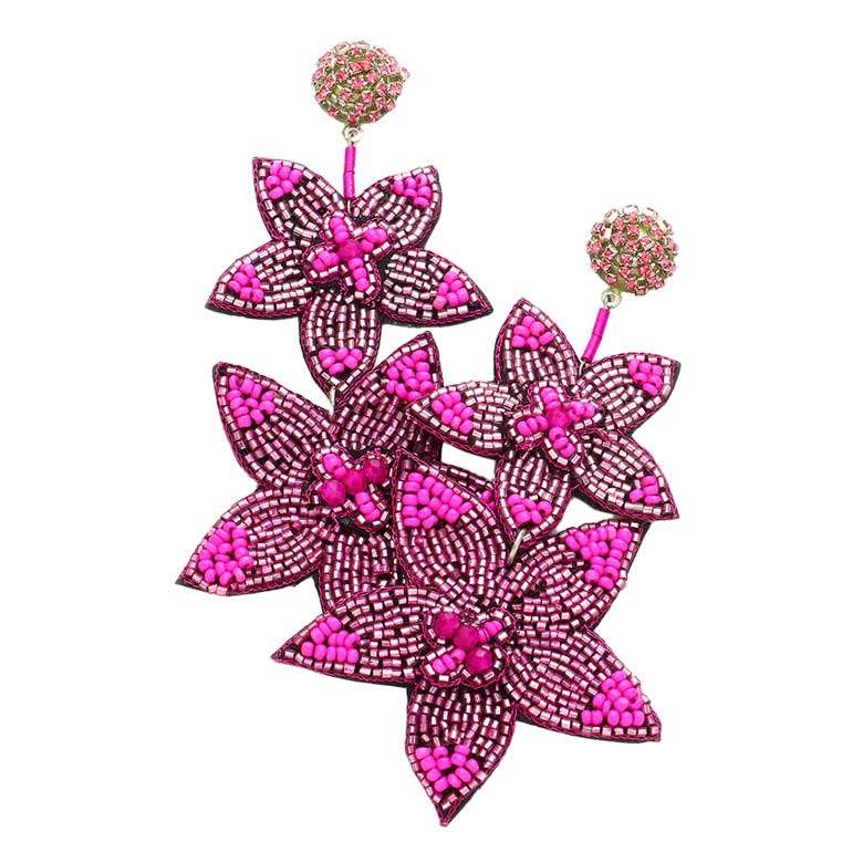 Beaded Double Flower Link Dangle Earrings - Madeline Love - Flyclothing LLC