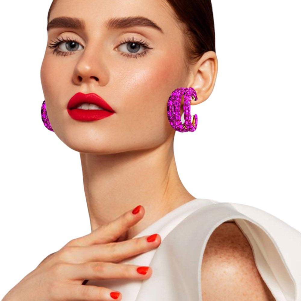 Bling Rectangle Stone Split Hoop Earrings - Madeline Love - Flyclothing LLC