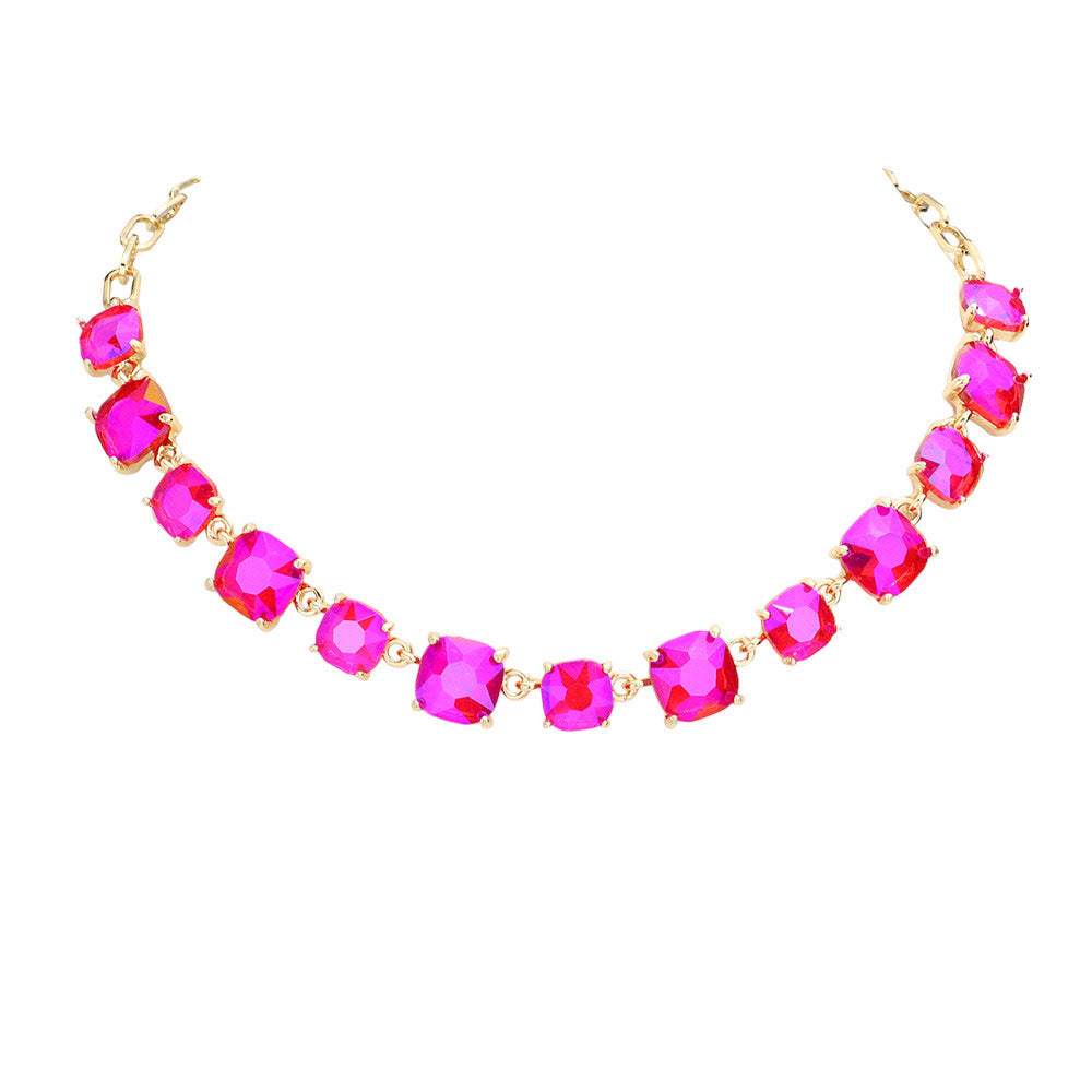 Cushion Square Stone Link Evening Necklace - Madeline Love - Flyclothing LLC