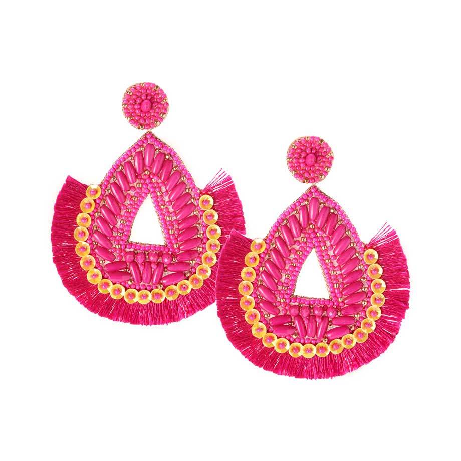 Felt Back Beaded Teardrop Thread Fringe Dangle Earrings - Madeline Love - Flyclothing LLC