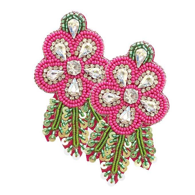 Felt Back Sequin Stone Seed Beaded Flower Leaf Earrings - Madeline Love - Flyclothing LLC